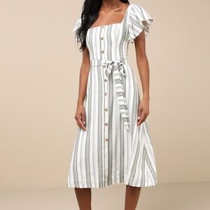 Lulus Mediterranean Moves Olive Striped Flutter Sleeve Midi Dress White - Size L